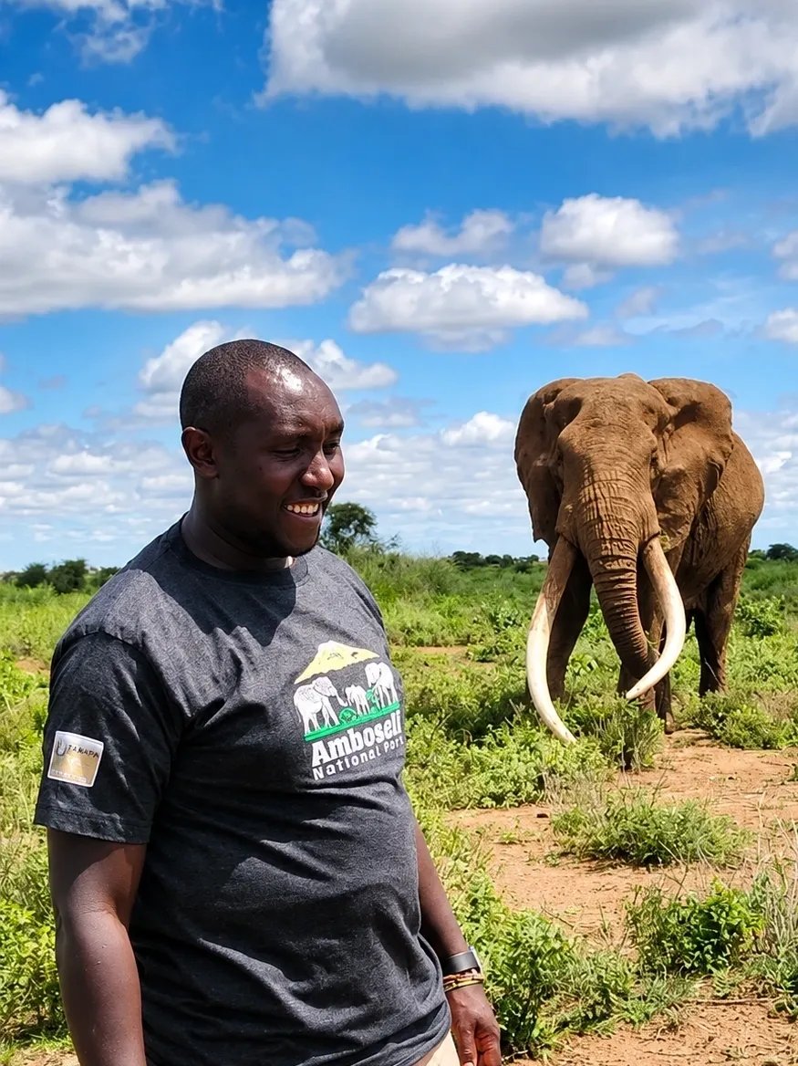 Guide with a large-tusked elephant in Amboseli